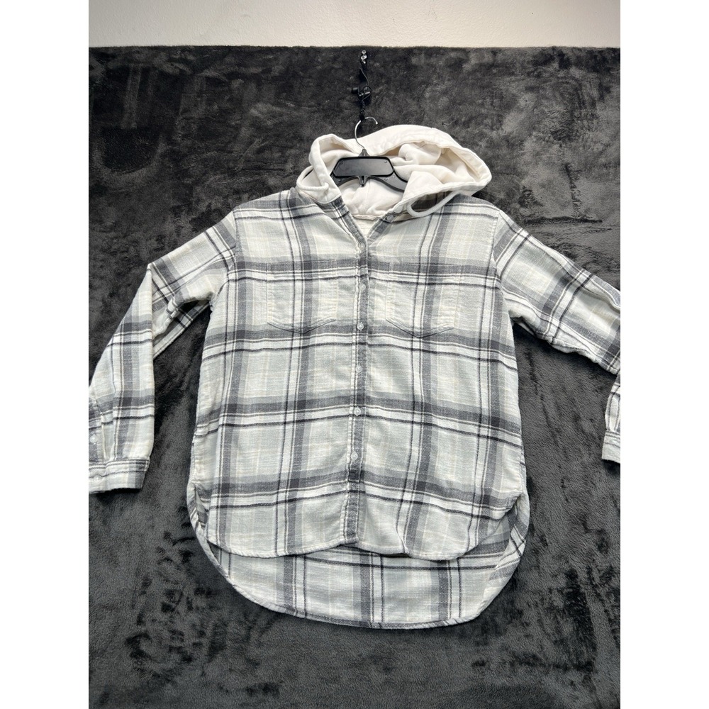 American Eagle Outfitters Women's Small Hooded Plaid Shacket Gray White